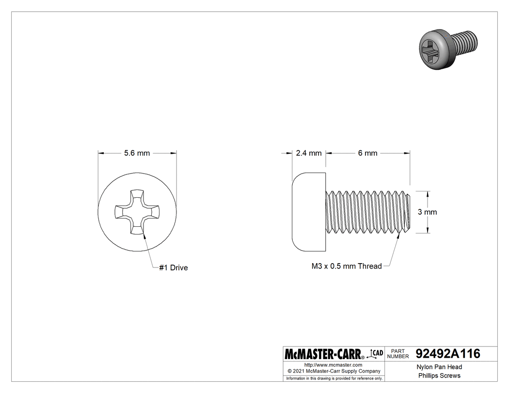 Technical Drawing of Nylon Pan Head Phillips Screws, M3 x 0.50 mm Thread, 6mm.
